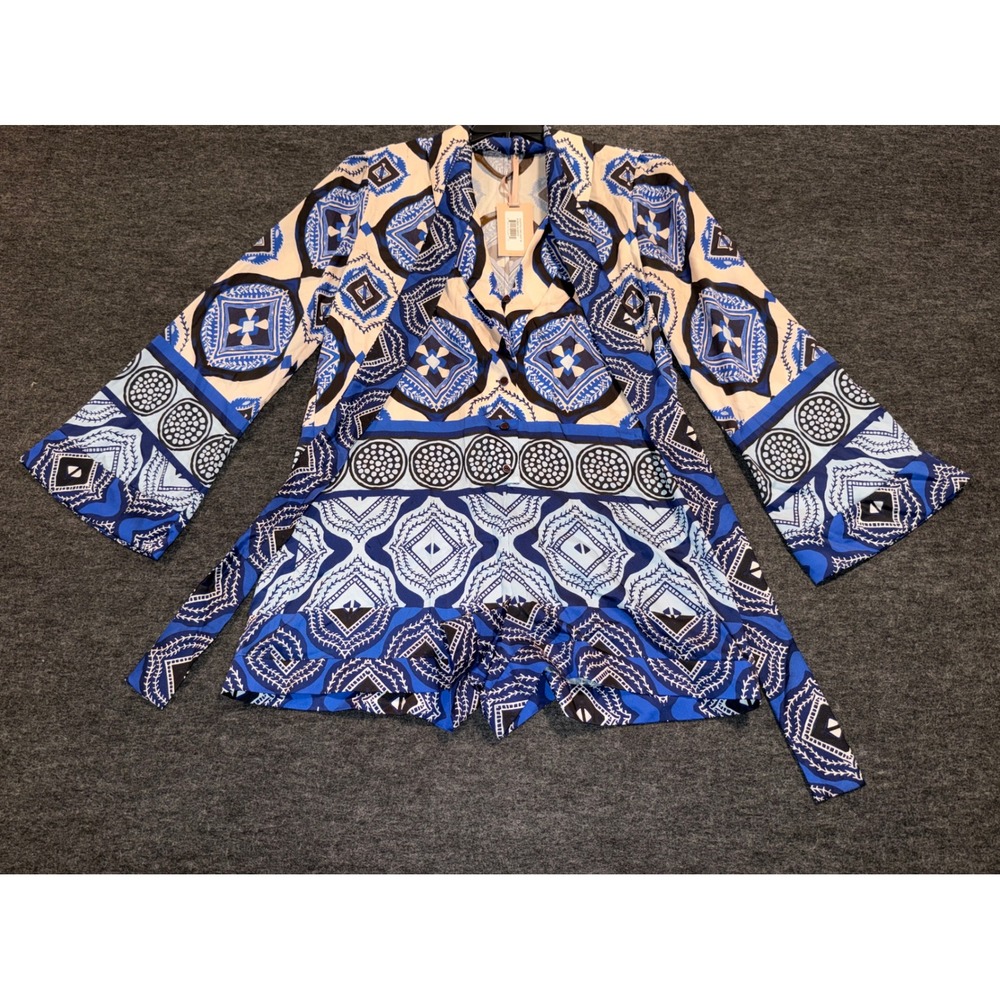Alexis Robbie Romper Santorini Long Sleeve Blue Geometric Print Kimono Sleeves
